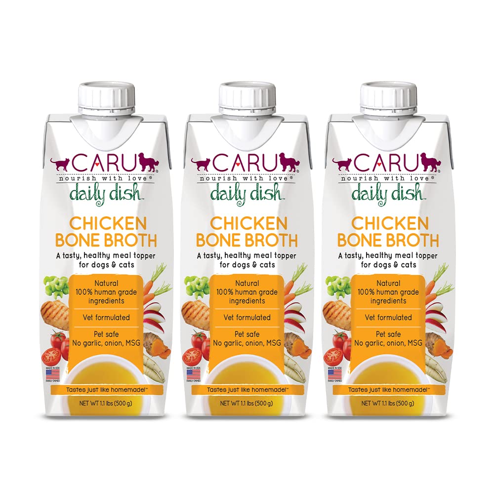 Caru Daily Dish chicken bone broth pour over a bowl of dry kibble to boost flavor