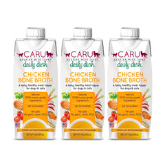 Caru Daily Dish chicken bone broth pour over a bowl of dry kibble to boost flavor