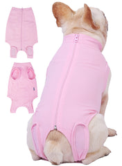 Caslfuca dog surgery recovery suit with back zipper for easy on-off during post-op care.