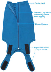 Caslfuca recovery suit for dogs shows post-op use on abdominal area and incisions.