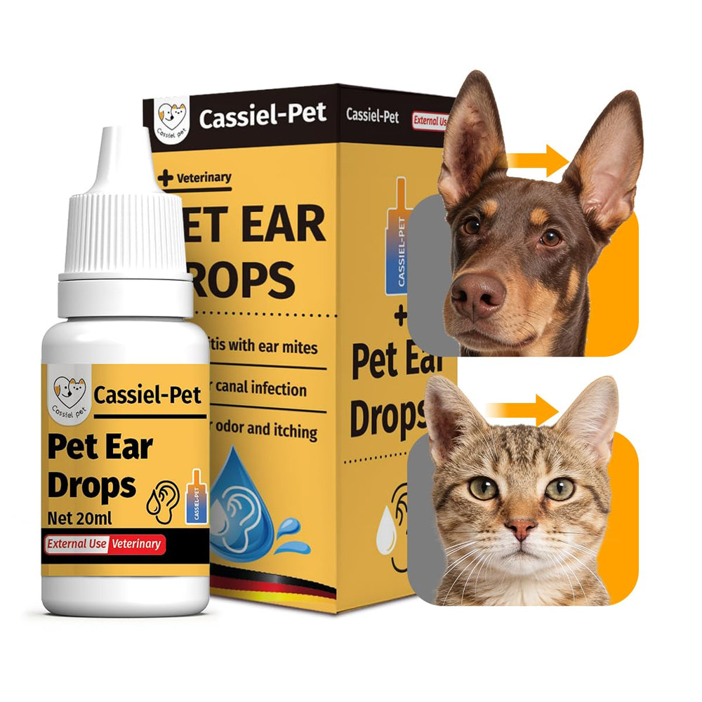 Cassiel pet Ear Drops bottle closeup for gentle ear care and soothing relief