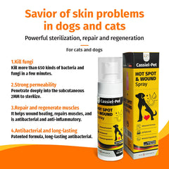Cassiel pet hot spot spray on affected skin areas demonstrating hotspot care.