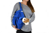 Cat-in-the-bag Cozy Comfort Carrier cobalt blue front view for easy grooming and travel.