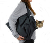 Cat-in-the-Bag Cozy Comfort Carrier charcoal closed view for calm vet visits.