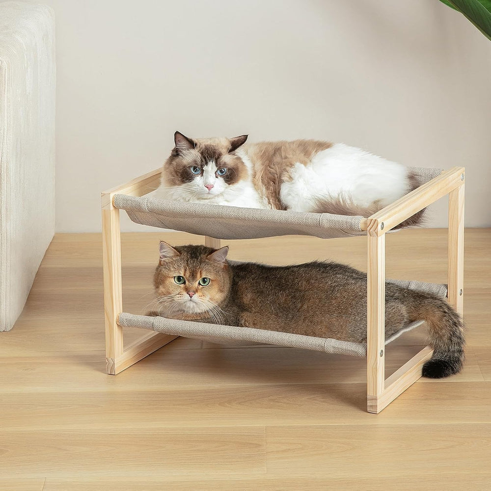 CatAve Cat Hammock double-layer bed in natural pine wood for secure resting.