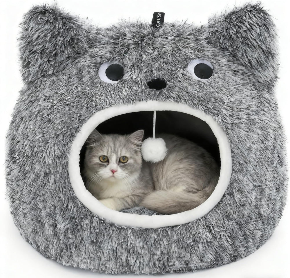 CATISM Cat Bed front view shows the cozy hooded cave for indoor cats.