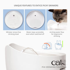 Catit PIXI pink fountain calm flow option provides gentle hydration for picky cats.