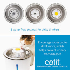 Catit Stainless Steel Flower Fountain 3L reservoir supports continuous hydration in a compact footprint.
