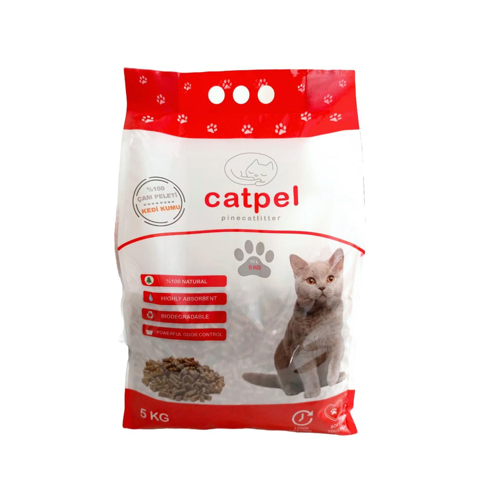 CATPEL premium pine pellets cat litter bag shows natural, low-dust formula for odor control.