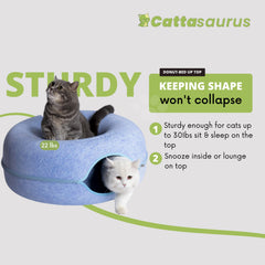 Cattasaurus Peekaboo cat cave detachable tunnel enables easy cleaning.