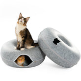 Cattasaurus Peekaboo cat cave duo front view shows spacious multi-cat retreat for indoor use