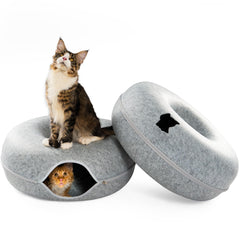 Cattasaurus Peekaboo cat cave duo front view shows spacious multi-cat retreat for indoor use