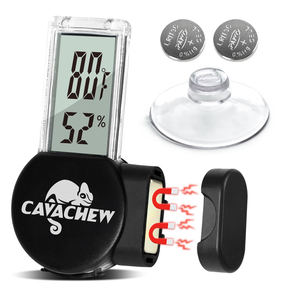 CAVACHEW magnetic thermometer mount image demonstrates secure terrarium attachment and rapid readings for precise habitat monitoring.