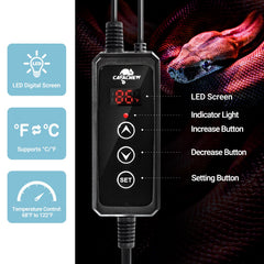 CAVACHEW reptile heat pad thermostat dial shows easy temperature adjustment for reptiles.