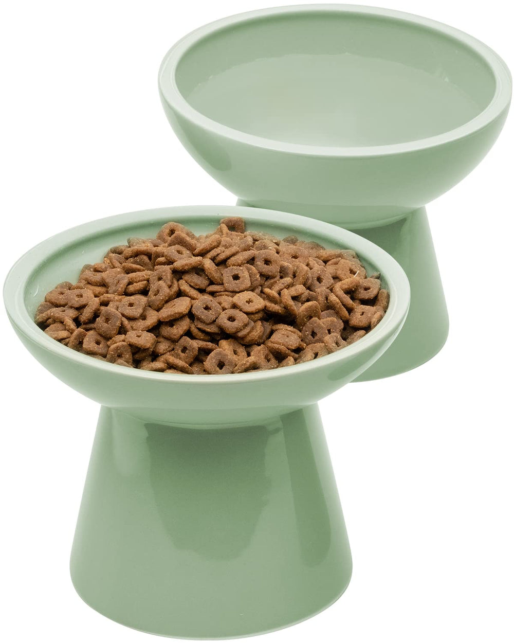 CEEFU 2 Elevated Ceramic Cat Bowls Sage Green show raised height for easier feeding.