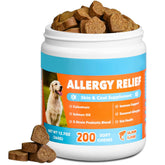 Celiaeh dog allergy chews bottle closeup highlights salmon flavor and skin support.