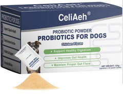 CeliAeh Probiotics for Dogs tub packaging shown, supporting digestive health across breeds.