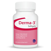 Ceva Derma-3 bottle closeup shows omega-rich softgels for healthy coats.