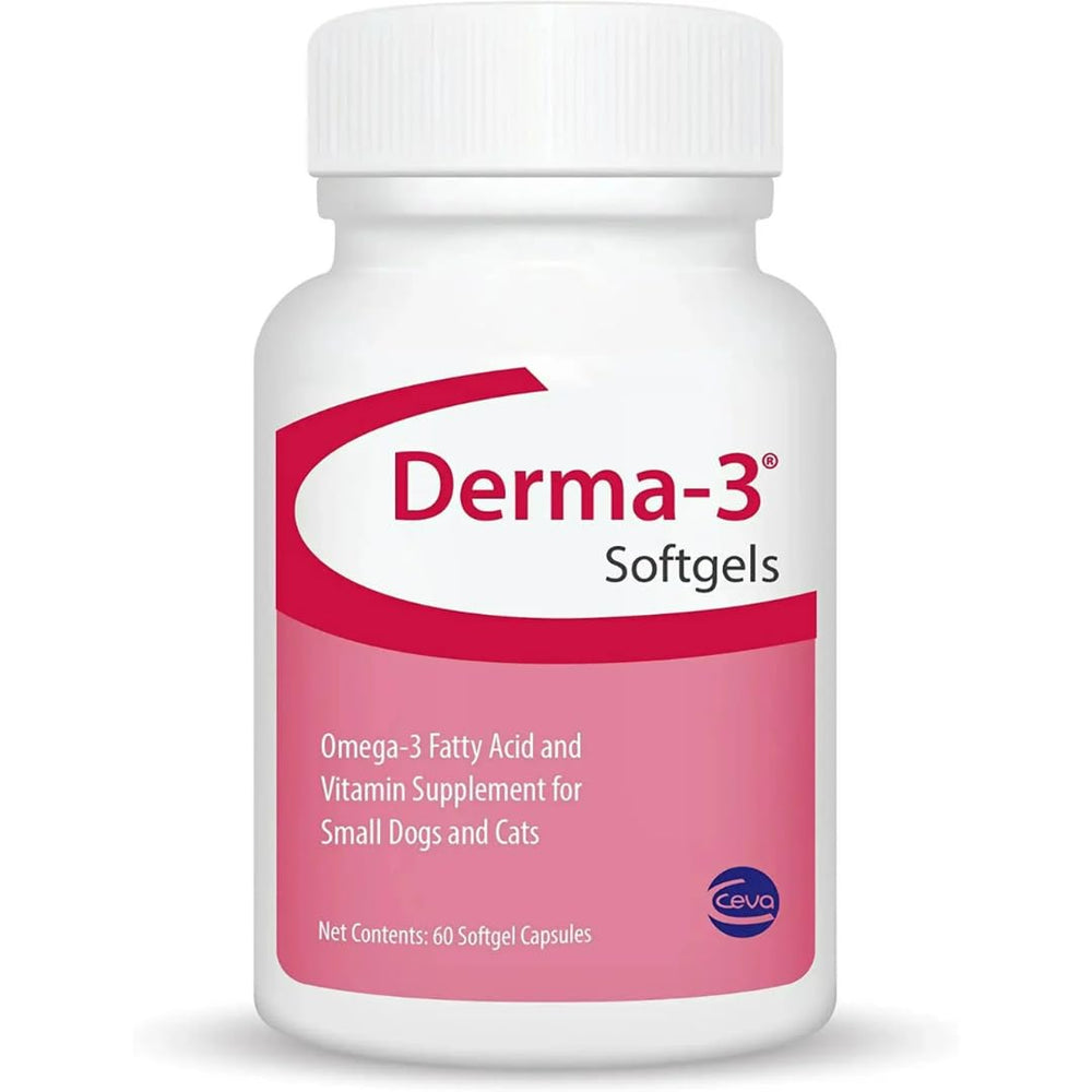 Ceva Derma-3 softgels bottle front supports skin and coat health for pets.