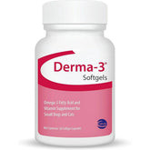 Ceva Derma-3 softgels bottle front supports skin and coat health for pets.