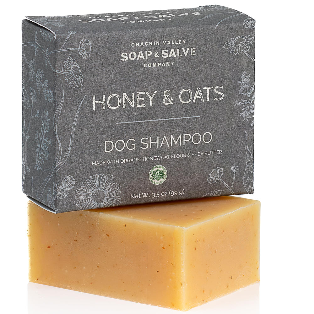 Chagrin Valley Dog Shampoo Bar with honey oats helps soothe and nourish a dog's coat.