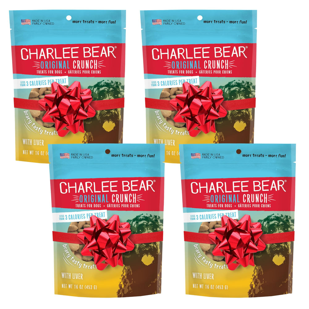 Charlee Bear Original Crunch liver treats packaging highlighting a USA-made, tasty reward for dogs.