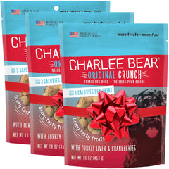 Charlee Bear Original Crunch turkey liver cranberries bag showing USA-made, convenient pocket-sized reward.