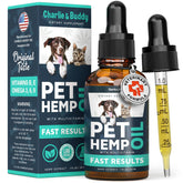Charlie and Buddy hemp oil bottle pour supports calm pets during daily routines
