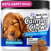 CHARLIE & BUDDY calming chews dogs chicken flavor packaging highlights convenient, on-the-go anxiety relief