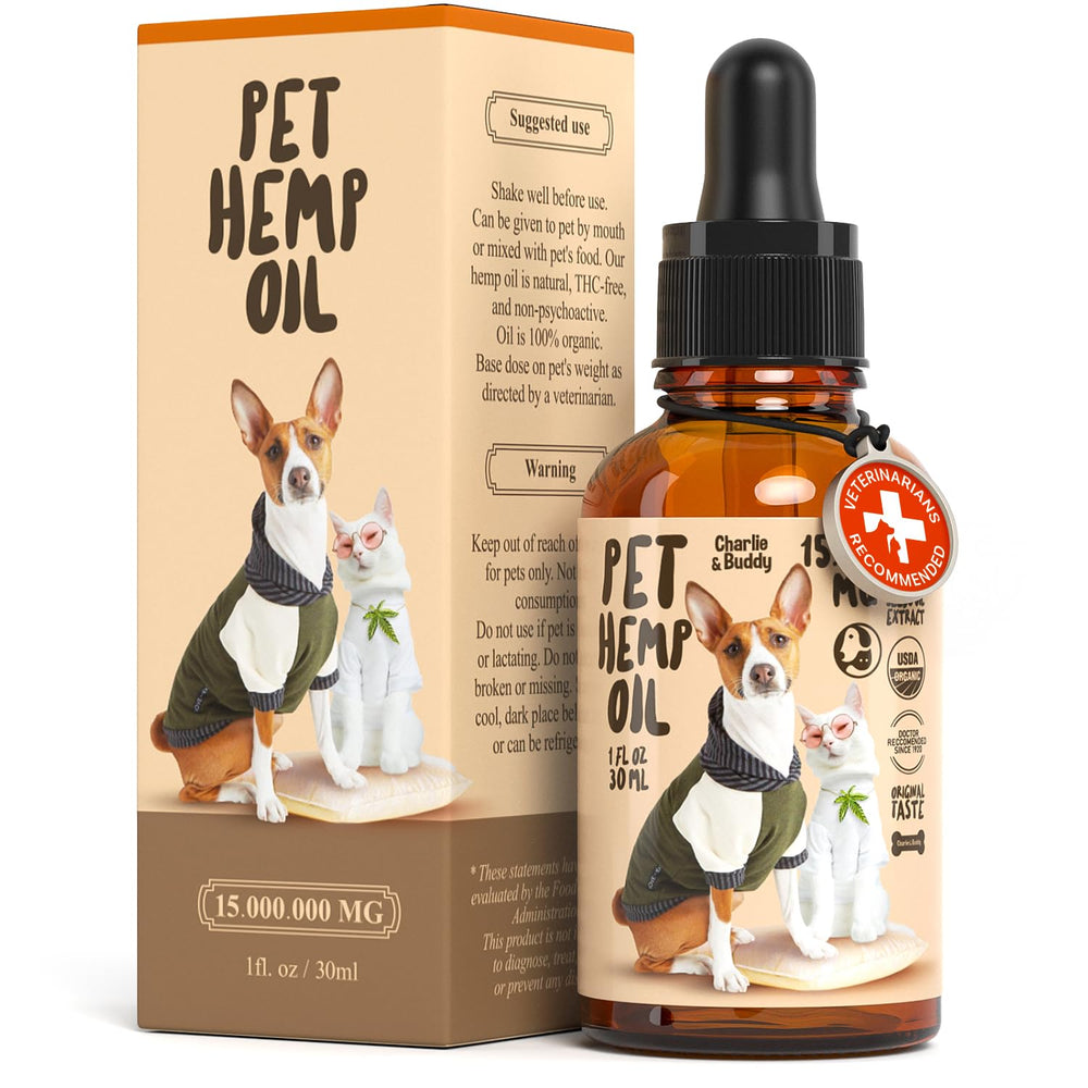 Charlie Buddy hemp oil dog bottle supports joint comfort for active dogs.