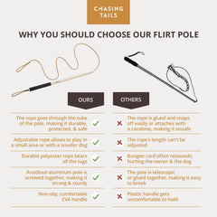 Chasing Tails flirt pole with adjustable rope length for indoor or outdoor play.