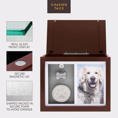 Chasing Tails spacious dog urn interior fits keepsakes like collar or toy.