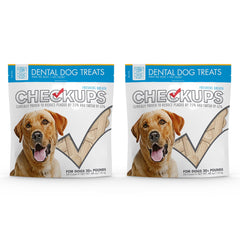 Checkups dental dog treats bag closeup for daily oral care and fresh breath