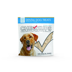 Checkups dental dog treats bag front shows resealable packaging for daily dental care.