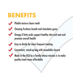 Checkups dental dog treats omega-3 symbol emphasizes skin and coat support.