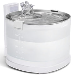 Cheerble Elfin Pumpless Fountain front view with stainless steel tray for clean drinking water.