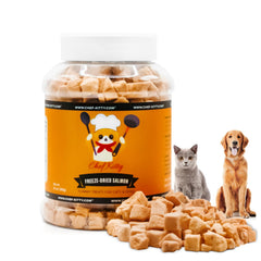 Chef Kitty freeze-dried salmon packaging emphasizing premium single-ingredient pet snack for cats and dogs.