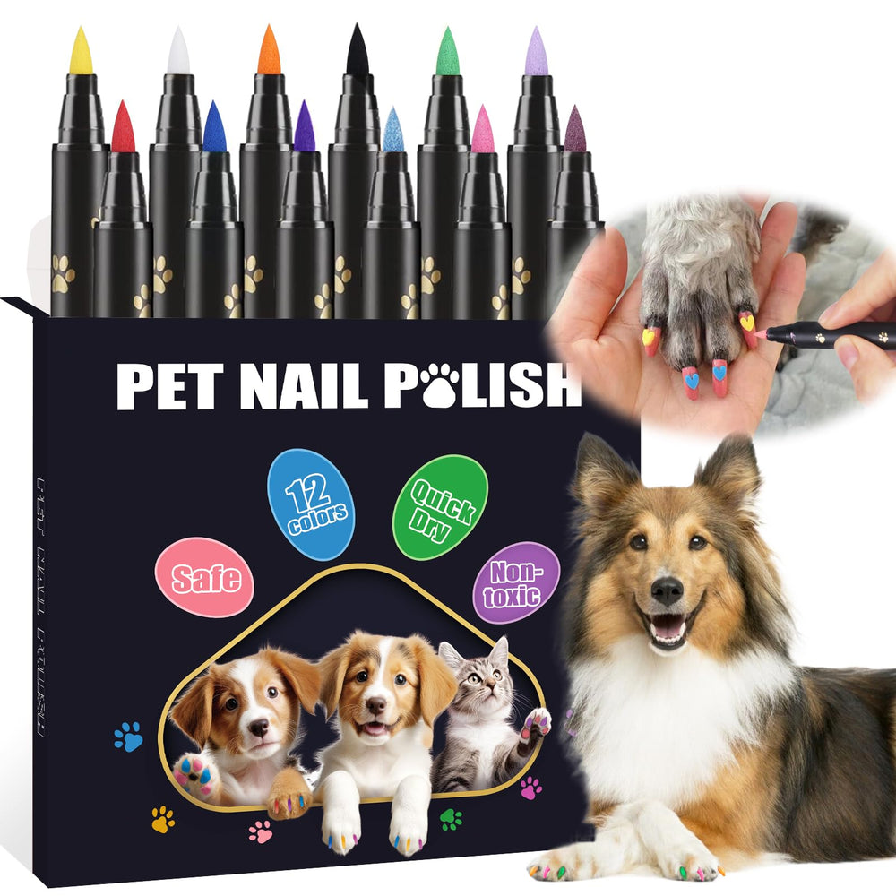 Cheloment dog nail polish pen 12 colors closeup shows vibrant options for pets.