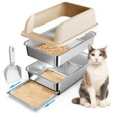 CHENOVE stainless steel litter box with drawer open for easy waste disposal.