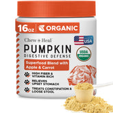 Chew + Heal Labs organic pumpkin powder for dogs shows digestive support in a serving bowl.