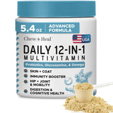 Chew + Heal Labs 12in1 dog multivitamin bottle supports daily vitality.