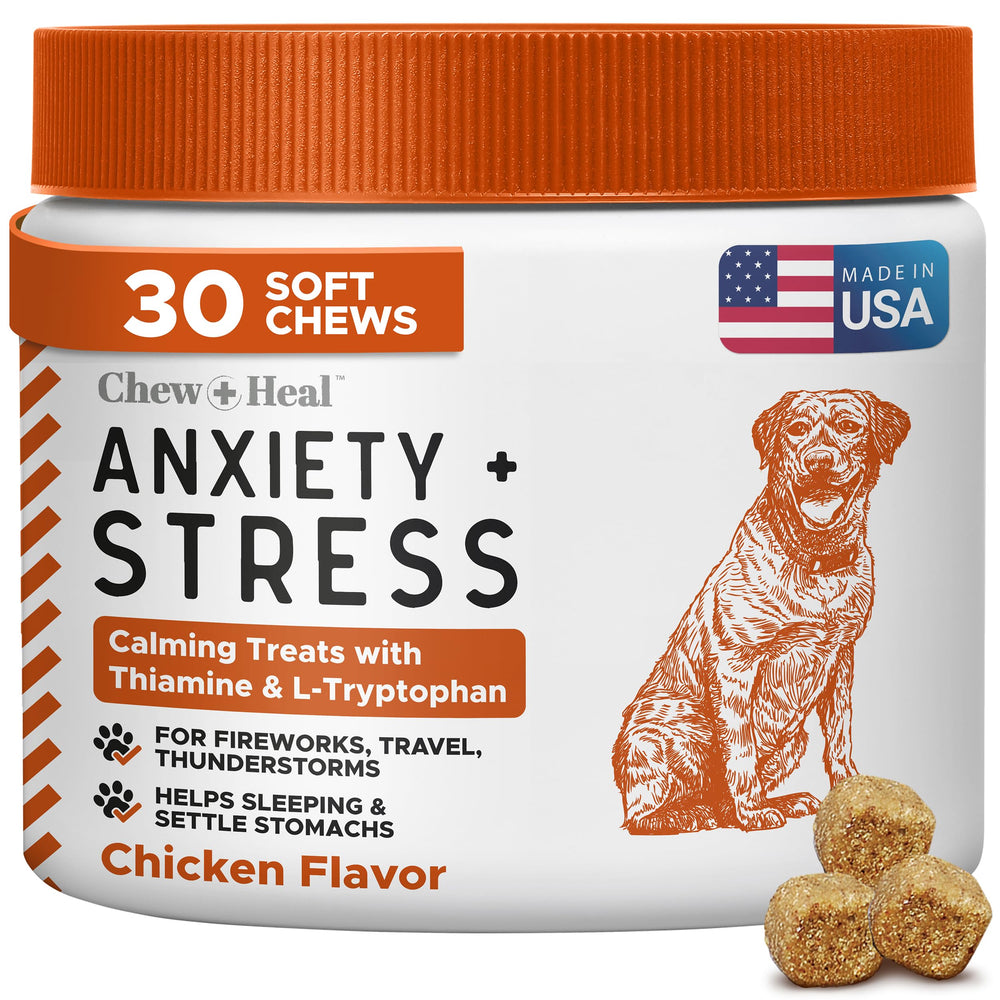 Chew + Heal Labs calming chews package promotes stress reduction for dogs during travel.