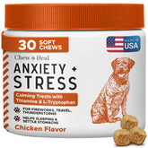 Chew + Heal Labs calming chews package promotes stress reduction for dogs during travel.