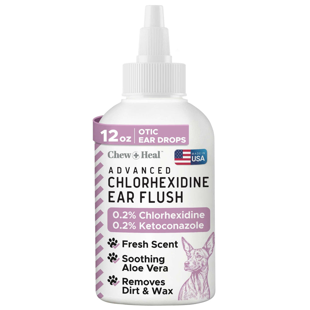 Chew Heal Labs dog ear cleaner bottle with 12 oz supports ear cleanliness and buildup removal.