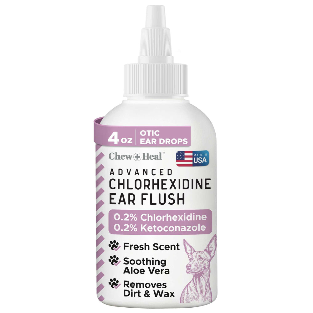 Chew + Heal Labs dog ear cleaner bottle pour demonstrates easy dispensing for dirt and wax relief.