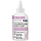 Chew + Heal Labs dog ear cleaner bottle pour demonstrates easy dispensing for dirt and wax relief.