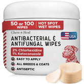 Chew + Heal Labs dog paw wipes jar with antibacterial antifungal formula.