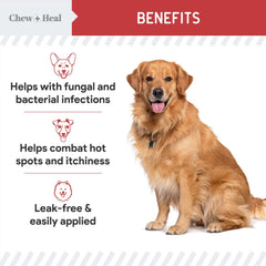Chew + Heal Labs paw wipes label close-up showing 2% chlorhexidine.