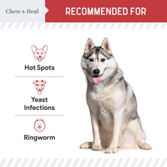 Chew + Heal Labs packaging shows 50 wipes for all breeds.