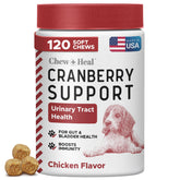 Chew + Heal Labs dog UTI cranberry soft chews bottle supports urinary health.